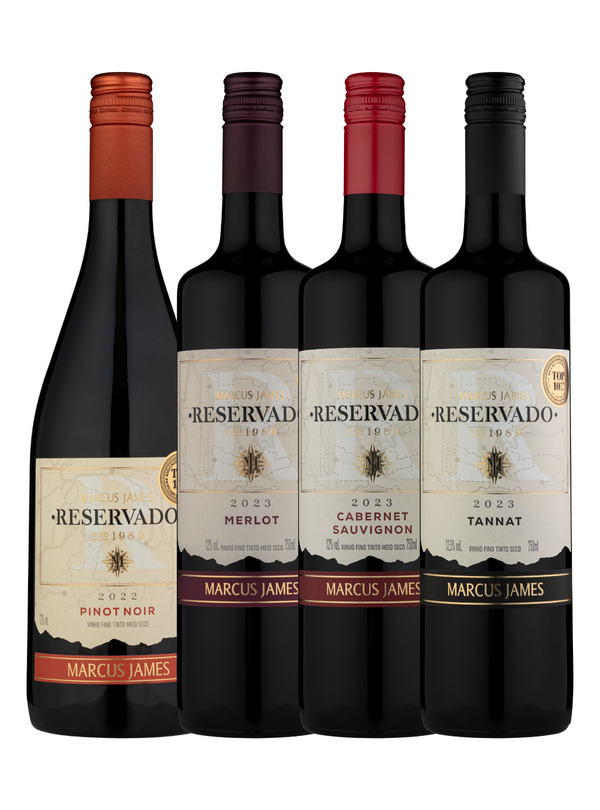 Kit Marcus James com vinhos tinto Merlot, Pinot Noir, Cabernet Sauvignon e Tannat